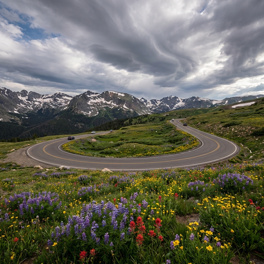 Trail Ridge Road Colorado with wildflowers and snow-capped peaks
